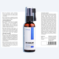Abgebildet ist eine braune Flasche mit der Aufschrift "Dr. Balwi Shop Anti Hair Loss Routine" mit Sprühkopf und blauen Akzenten, daneben eine zweisprachige deutsche und englische Anleitung auf Weiß. Rechts unten ist ein Barcode abgebildet.
