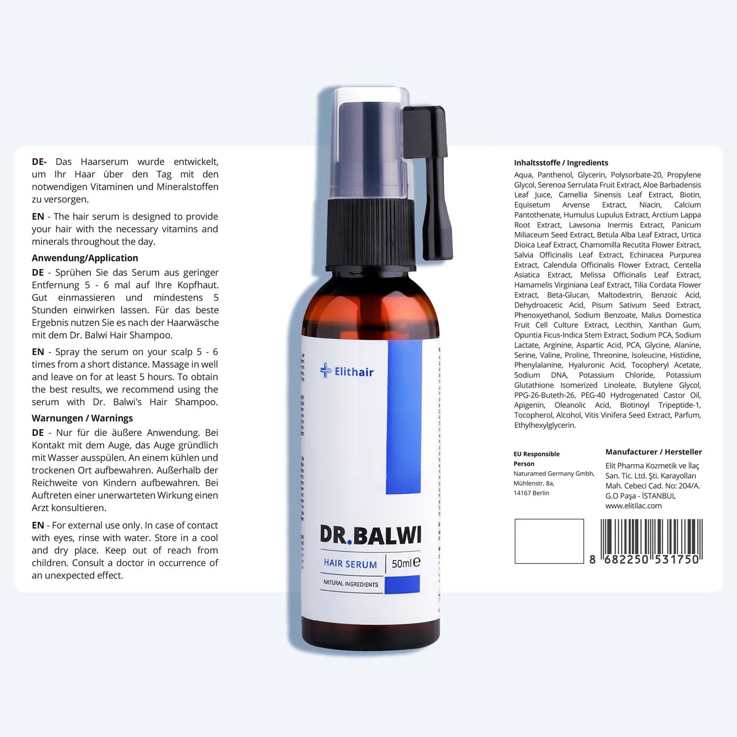 Auf weißem Untergrund steht eine braune Flasche aus dem Shampoo & Spray Set von shop.elithairtransplant, daneben sind Anwendungshinweise, Inhaltsstoffe und ein Barcode in deutscher und englischer Sprache abgebildet.