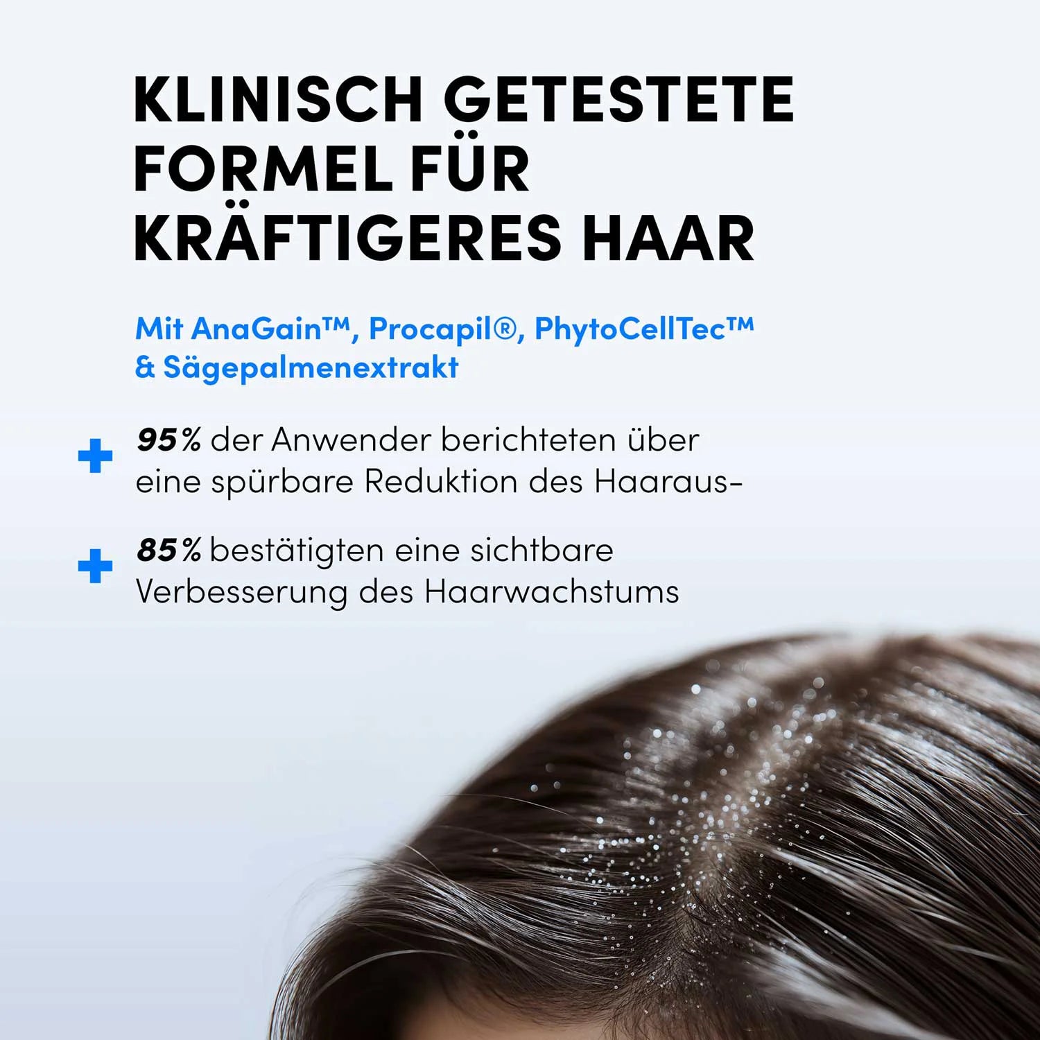Eine Nahaufnahme einer Kopfhaut mit gescheiteltem Haar zeigt Haarwurzeln und einen deutschen Text, der für das Dr. Balwi Hair Serum von shop.elithairtransplant wirbt, das klinisch auf Haarstärkung getestet wurde und Statistiken zu reduziertem Haarausfall und verbessertem Haarwachstum enthält.