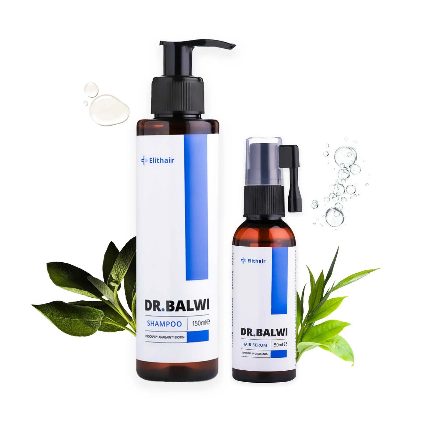 Das Shampoo & Spray Set von shop.elithairtransplant enthält ein 150 ml Shampoo (Pumpe) und ein 50 ml Haarserum (Spray), beide mit Procapil™ zur Bekämpfung von erblich bedingtem Haarausfall, dargestellt mit grünen Blättern und Wassertropfen.