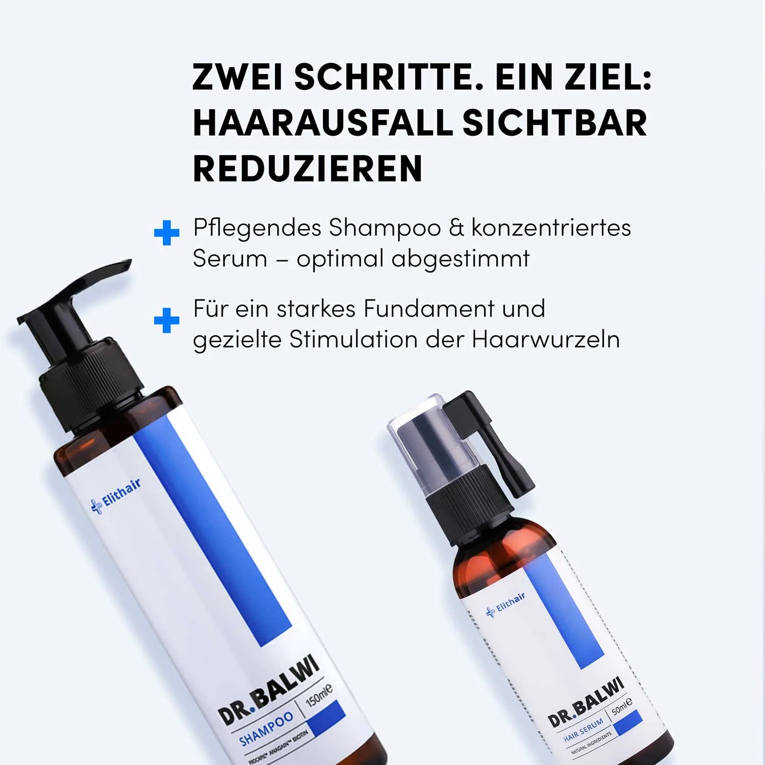 Zwei Flaschen des shop.elithairtransplant Shampoo & Spray Sets sind auf hellem Hintergrund abgebildet. Der obige Text beschreibt eine zweistufige Pflegeroutine mit Procapil™ zur Reduzierung von Haarausfall und zur Stärkung der Haarwurzeln.
