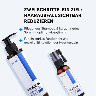 Zwei Flaschen des shop.elithairtransplant Shampoo & Spray Sets sind auf hellem Hintergrund abgebildet. Der obige Text beschreibt eine zweistufige Pflegeroutine mit Procapil™ zur Reduzierung von Haarausfall und zur Stärkung der Haarwurzeln.