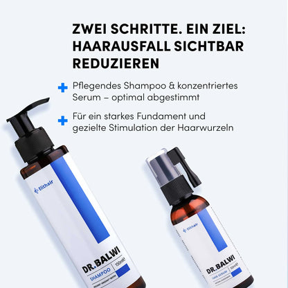 Zwei Flaschen des shop.elithairtransplant Shampoo & Spray Sets sind auf hellem Hintergrund abgebildet. Der obige Text beschreibt eine zweistufige Pflegeroutine mit Procapil™ zur Reduzierung von Haarausfall und zur Stärkung der Haarwurzeln.
