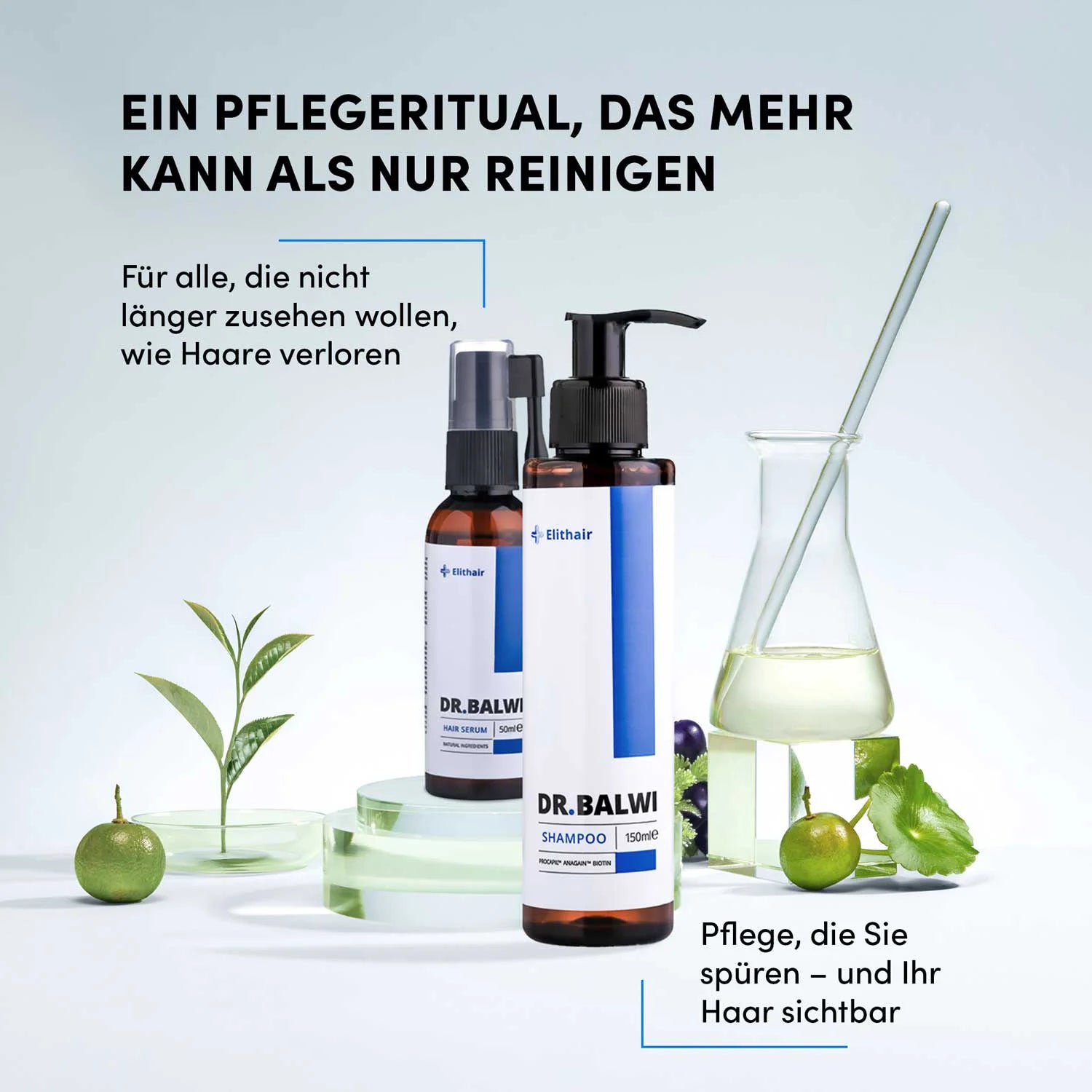 Das Shampoo & Spray Set von shop.elithairtransplant präsentiert sich auf einer weißen Oberfläche mit Rosmarin, Zitrone und Minze. Der deutsche Text beleuchtet ein komplettes Ritual, unterstützt durch Procapil™ für gesünderes Haar.