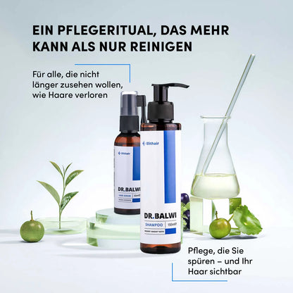 Das Shampoo & Spray Set von shop.elithairtransplant präsentiert sich auf einer weißen Oberfläche mit Rosmarin, Zitrone und Minze. Der deutsche Text beleuchtet ein komplettes Ritual, unterstützt durch Procapil™ für gesünderes Haar.