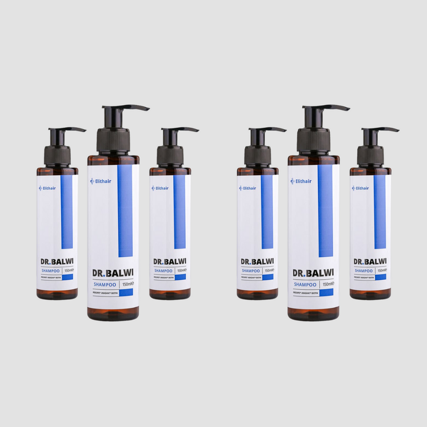 Sechs Flaschen Dr. Balwi Shampoo aus dem Dr. Balwi Shop mit Pumpspendern stehen in zwei Gruppen vor einem schlichten hellgrauen Hintergrund und sind mit weißen Etiketten mit blauen Akzenten für effektive Haarausfall-Pflege und gesundes Haarwachstum versehen.