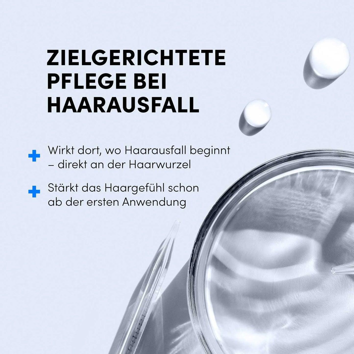 Eine Draufsicht auf einen Glasbehälter, eine klare Pipette und zwei weiße Kapseln auf hellblauem Hintergrund. Deutscher Text beleuchtet Haarausfall-Pflege und Vorteile von Dr. Balwi Shampoo von shop.elithairtransplant.
