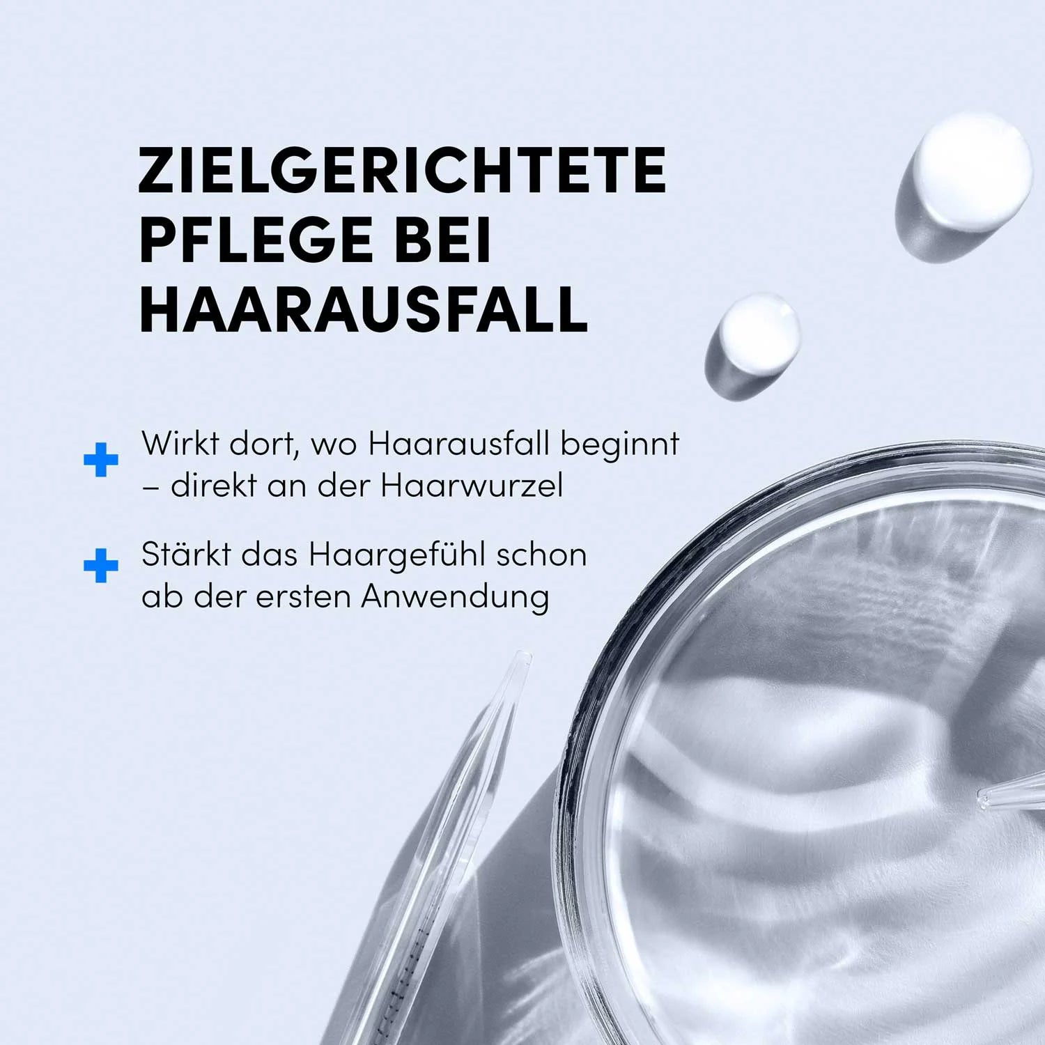 Eine Draufsicht auf einen Glasbehälter, eine klare Pipette und zwei weiße Kapseln auf hellblauem Hintergrund. Deutscher Text beleuchtet Haarausfall-Pflege und Vorteile von Dr. Balwi Shampoo von shop.elithairtransplant.