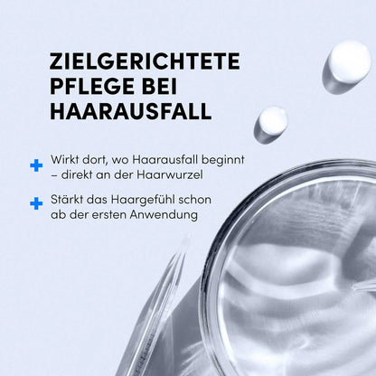 Eine Draufsicht auf einen Glasbehälter, eine klare Pipette und zwei weiße Kapseln auf hellblauem Hintergrund. Deutscher Text beleuchtet Haarausfall-Pflege und Vorteile von Dr. Balwi Shampoo von shop.elithairtransplant.