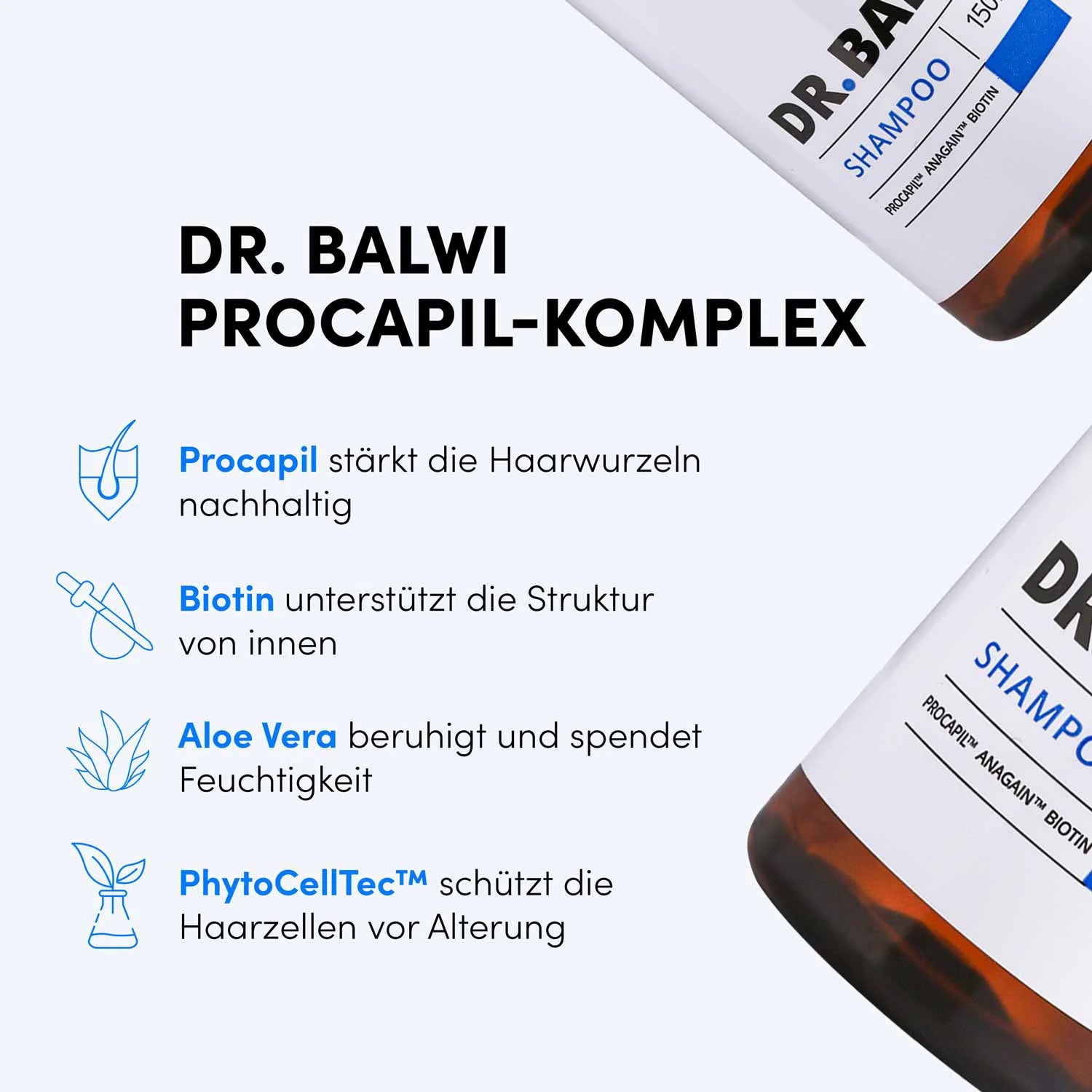 Infografik zum Dr. Balwi Shampoo von shop.elithairtransplant: Procapil™ stärkt die Haarwurzeln, Biotin unterstützt die Haarstruktur, Aloe Vera beruhigt und spendet Feuchtigkeit und PhytoCellTec™ schützt vor Alterung – perfekt für die Haarausfall-Pflege.