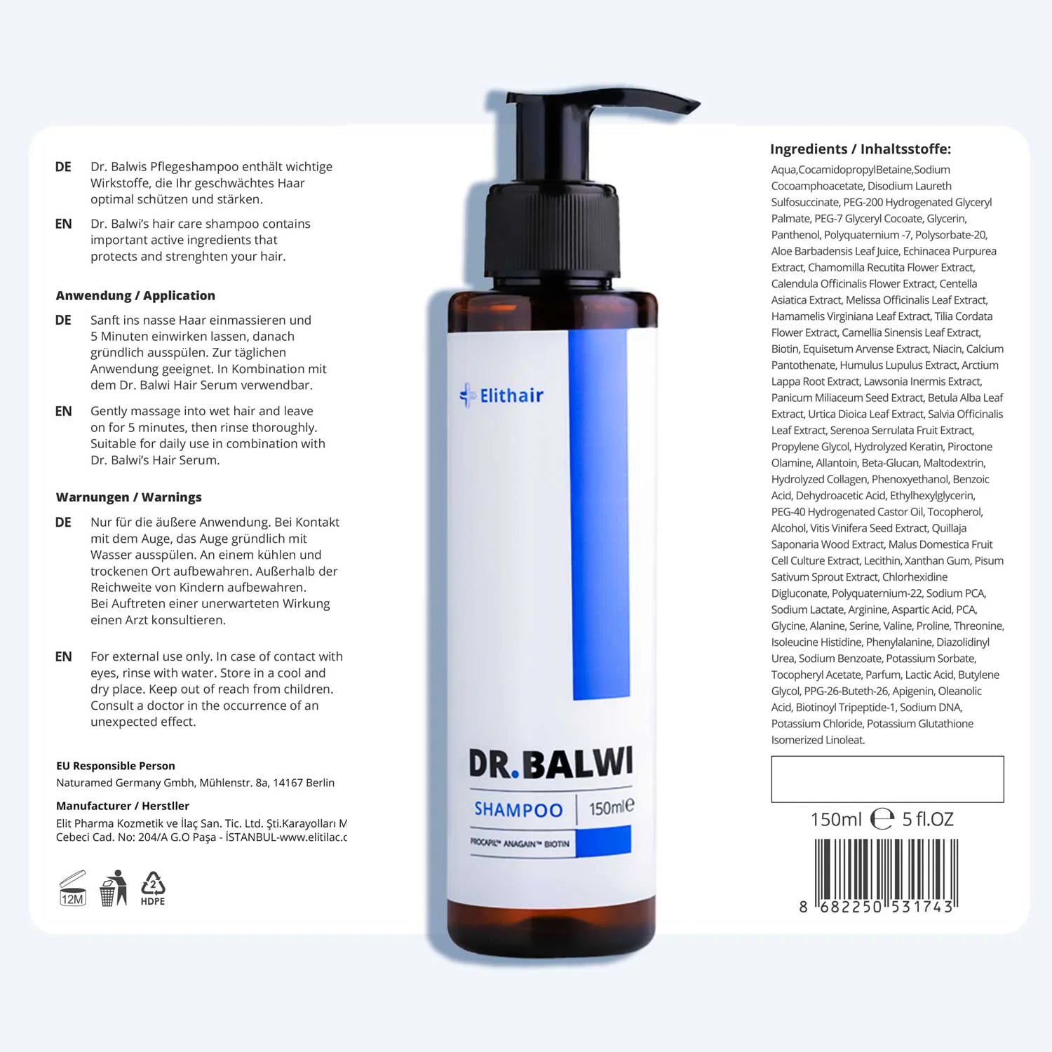 Das Shampoo & Spray Set von shop.elithairtransplant ist mit einem Pumpspender auf weißem Hintergrund abgebildet. Die Etiketten in Deutsch und Englisch enthalten detaillierte Anweisungen, Warnhinweise, Inhaltsstoffe und Produktinformationen.