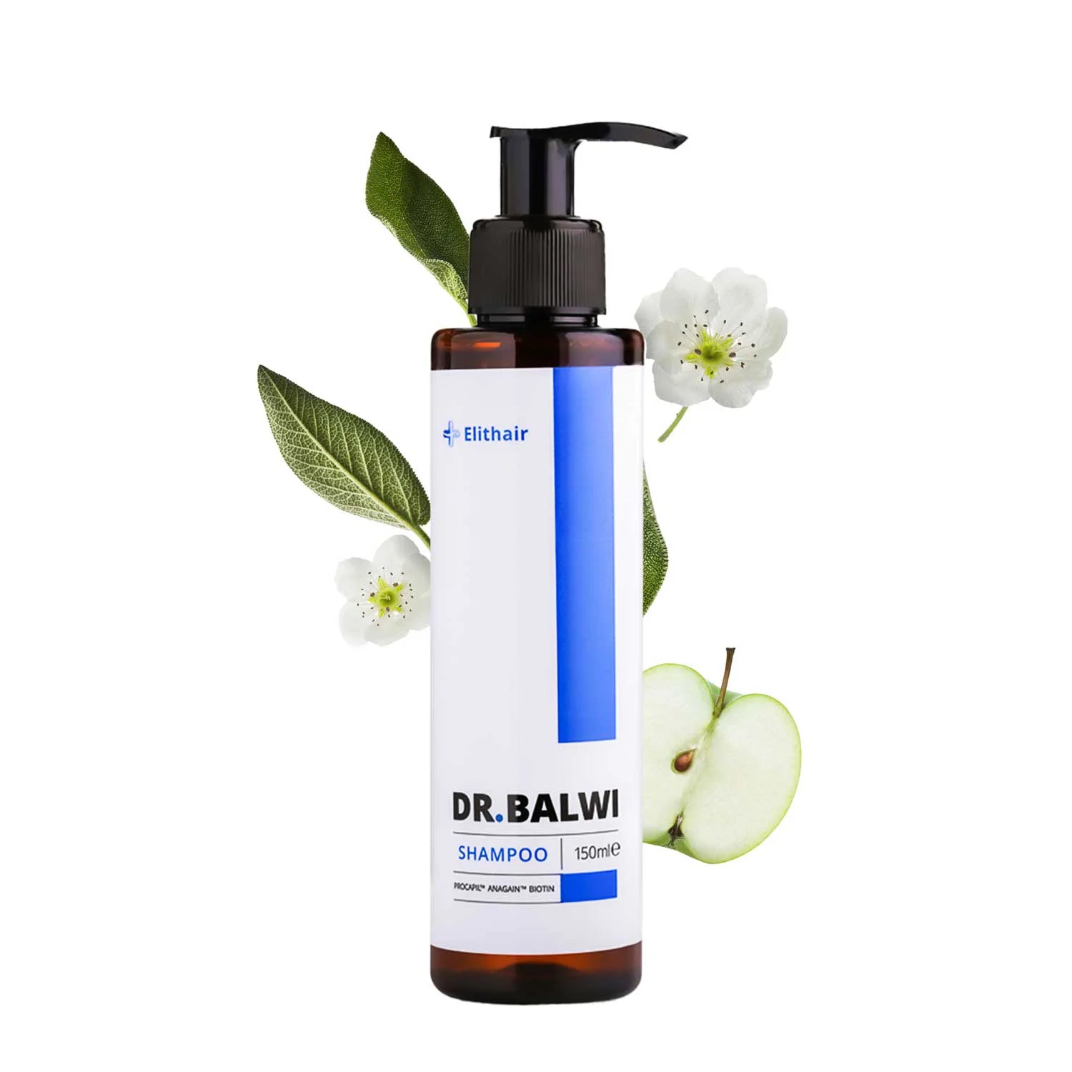 Dr. Balwi Shampoo von shop.elithairtransplant verfügt über einen Pumpspender und ein weiß-blaues Etikett, umgeben von grünen Blättern, weißen Blüten und grünen Apfelscheiben – ideal für die Haarausfall-Pflege mit Procapil™ für dünner werdendes Haar.
