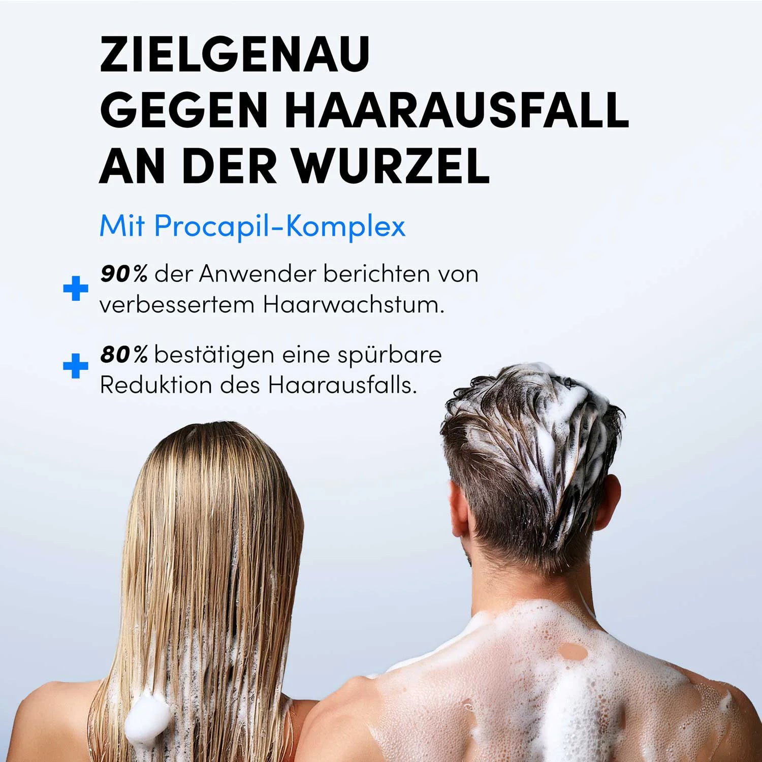 Zwei Personen, von hinten gesehen, waschen ihre Haare mit Dr. Balwi Shampoo von shop.elithairtransplant. Sichtbarer Shampoo-Schaum. Der deutsche Text lautet „Haarausfall-Pflege“ und verspricht verbessertes Haarwachstum durch den Procapil™-Komplex.