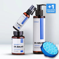 Die Anti-Haarausfall-Routine von shop.elithairtransplant umfasst Tabletten, Spray, Shampoo und einen blauen Kopfhautmassager. Ein blaues Etikett trägt den Aufdruck „+1 Exklusives Geschenk“. Die Produkte sind auf weißem Hintergrund abgebildet.
