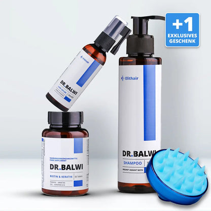 Die Anti-Haarausfall-Routine von shop.elithairtransplant umfasst Tabletten, Spray, Shampoo und einen blauen Kopfhautmassager. Ein blaues Etikett trägt den Aufdruck „+1 Exklusives Geschenk“. Die Produkte sind auf weißem Hintergrund abgebildet.