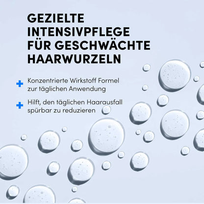 Blauer Text auf hellem Hintergrund: Intensivpflege mit Procapil™ für geschwächte Haarwurzeln. Zwei Aufzählungspunkte heben die Vorteile hervor. Transparente Tropfen und das Logo des Dr. Balwi Hair Boost Set von shop.elithairtransplant sind quer über das Bild zu sehen.