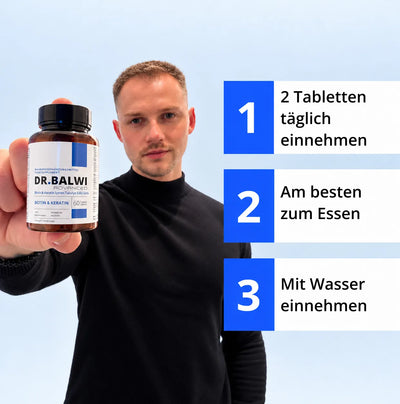 Ein Mann hält eine Packung Biotin & Keratin Tabletten in der Hand, daneben stehen folgende Anweisungen: 1. Täglich 2 Tabletten einnehmen, 2. Vorzugsweise zu einer Mahlzeit, 3. Mit Wasser einnehmen.