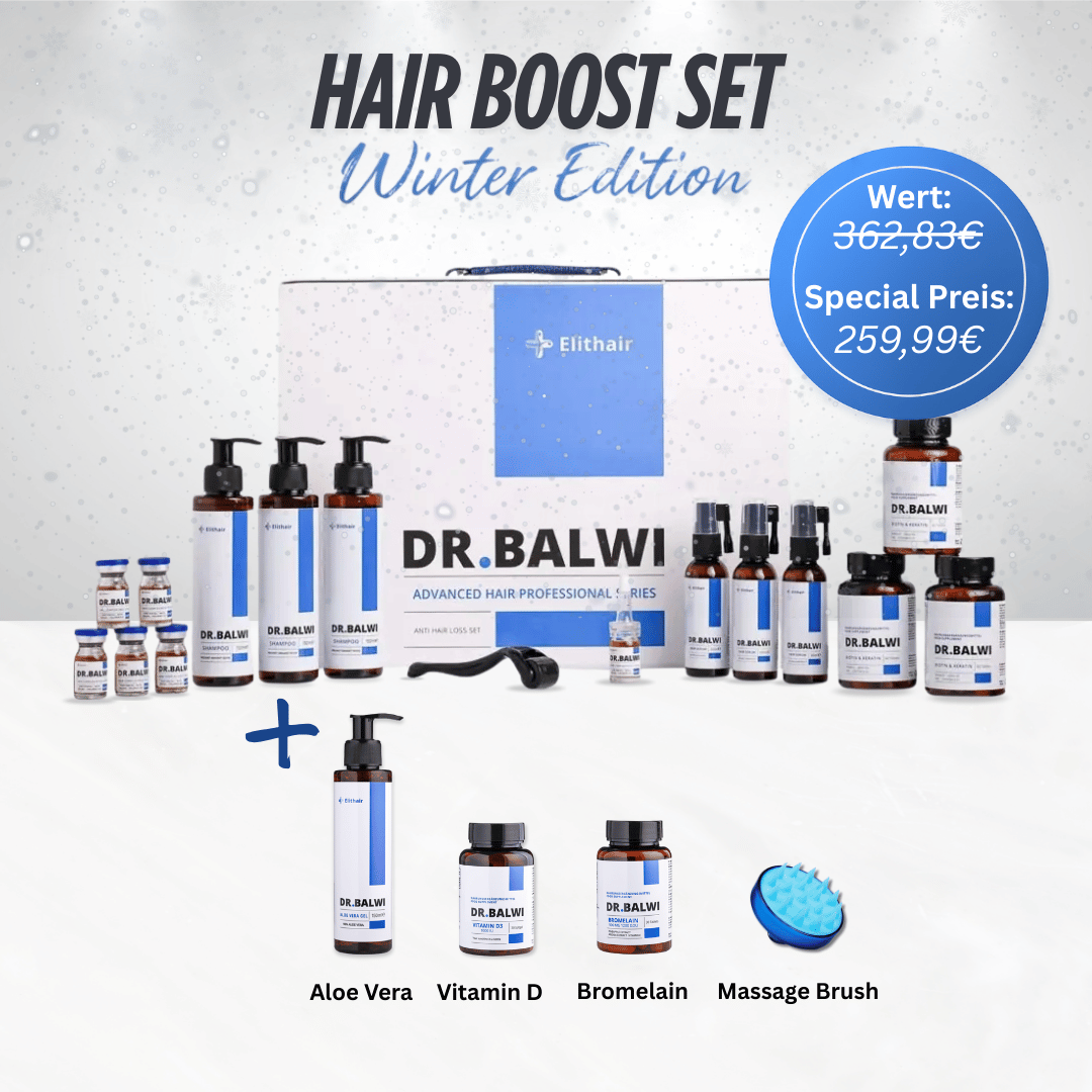 Das Hair Boost Set - Winter Edition von Dr. Balwi Shop wird mit Flaschen, Kapseln und einer Massagebürste neben einer großen Schachtel präsentiert. Ein Sonderpreis von 259,99 € wird hervorgehoben.