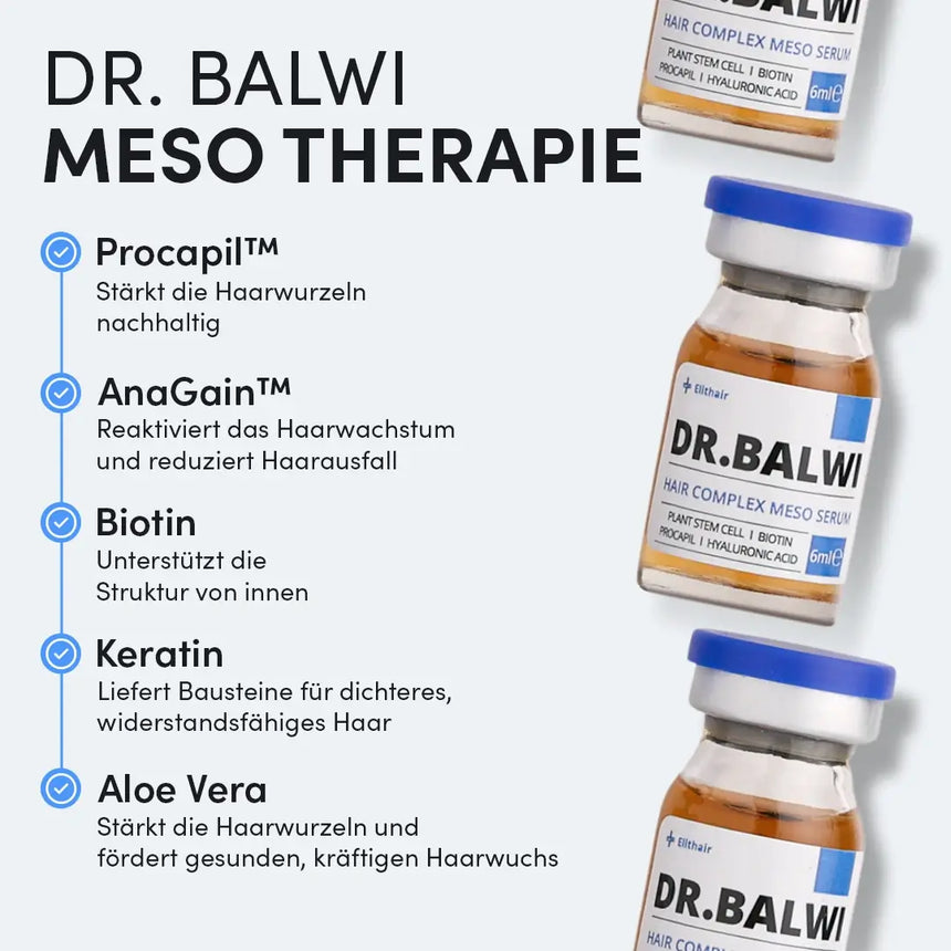 Drei Fläschchen Dr. Balwi Meso Therapie (Refill) aus dem Dr. Balwi Shop sind neben einer Liste von Inhaltsstoffen - Procapil, AnaGain, Biotin, Keratin und Aloe Vera -, die für die Förderung des Haarwachstums und die Vorbeugung von Haarausfall bekannt sind, auf einem weißen Hintergrund abgebildet.