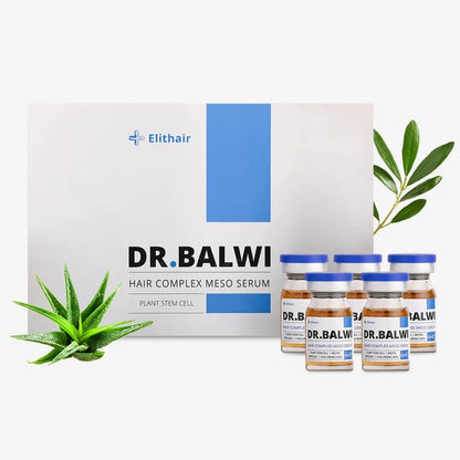 Eine Dose mit der Aufschrift Dr. Balwi Meso Therapie aus dem Dr. Balwi Shop mit fünf Serumfläschchen inmitten von Aloe Vera und grünen Blättern auf weißem Hintergrund - ideal um Haarwachstum zu stimulieren und Haarausfall vorzubeugen.