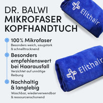 Ein blaues Mikrofaser-Kopfhandtuch aus dem Dr. Balwi Shop mit weißer "Elithair"-Stickerei, bekannt für seine Weichheit, Saugfähigkeit, Umweltfreundlichkeit, Haltbarkeit und Eignung bei Haarausfall.