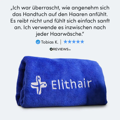 Ein gefaltetes Mikrofaser Kopfhandtuch von Dr. Balwi Shop ist ausgestellt, darüber eine deutsche Rezension von Tobias K., der die Weichheit des Haares lobt, eine Fünf-Sterne-Bewertung und das Elithair-Logo.