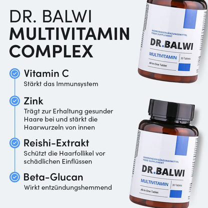 Bild mit zwei Flaschen Dr. Balwi Shop Multivitamin Complex mit deutschem Text, der Vitamin C für das Haarwachstum, Zink zur Unterstützung des Immunsystems, Reishi-Pilzextrakt und Beta-Glucan mit ihren gesundheitlichen Vorteilen hervorhebt.