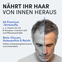 Der Kopf eines Mannes zeigt links schütteres, graues Haar und rechts volleres, dunkleres Haar. Der Text hebt den Dr. Balwi Shop Multivitamin-Komplex mit Vitamin C Haarwachstum und Reishi-Pilzextrakt für sichtbare Ergebnisse hervor.