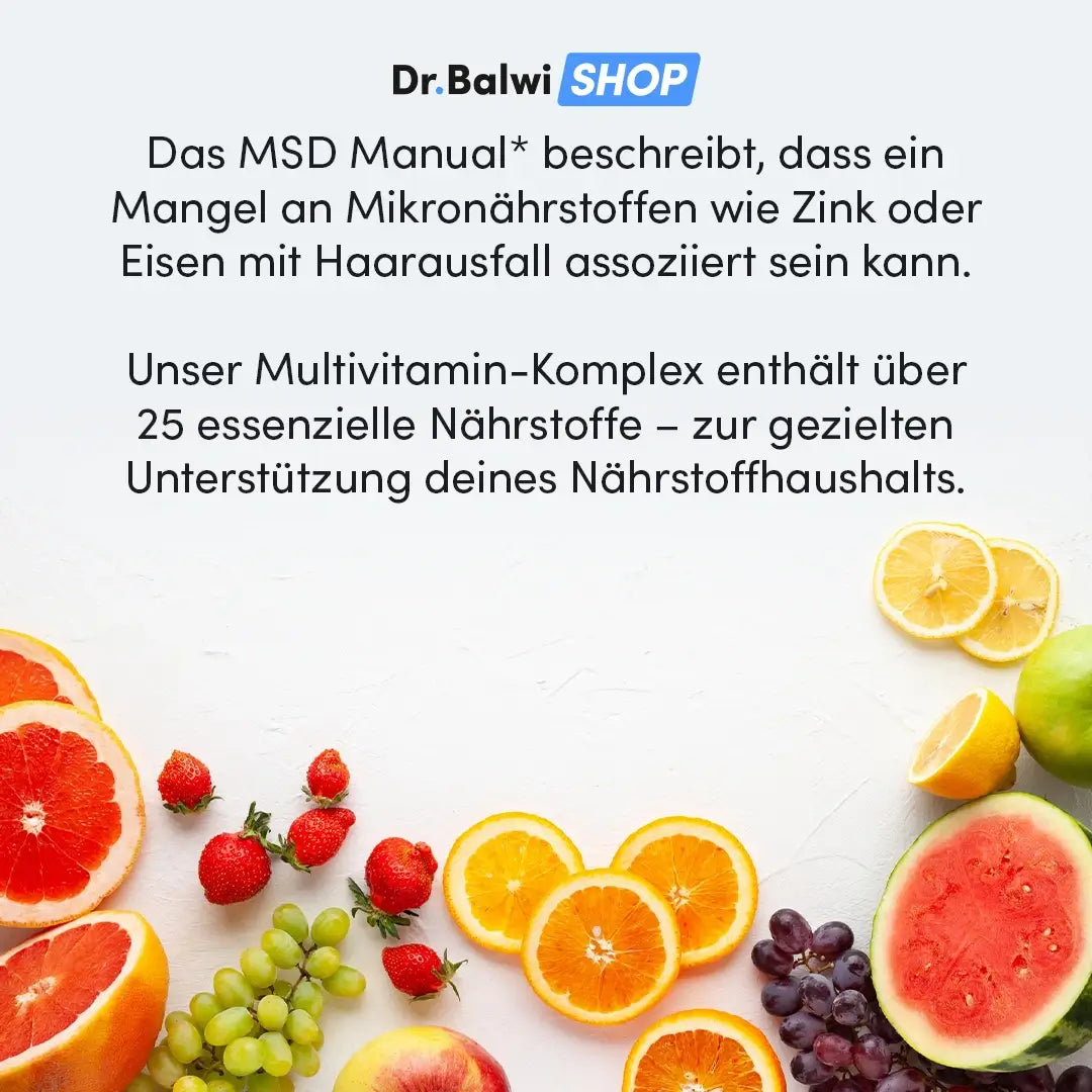 Auf einer weißen Fläche sind aufgeschnittene Orangen, Zitronen, Limetten und Weintrauben angeordnet. Darüber steht ein deutscher Text über Vitamin C, Haarwachstum, Mikronährstoffmangel und den Multivitamin-Komplex von Dr. Balwi Shop.