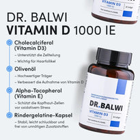 Abgebildet ist eine Flasche Dr. Balwi Shop Vitamin D 1000 IE, ideal gegen Vitamin-D-Mangel oder Haarausfall, mit Cholecalciferol (D3), Olivenöl, Alpha-Tocopherol (E) und einer Kapsel aus Rindergelatine.