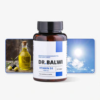 Eine Flasche Dr. Balwi Shop Vitamin D 1000 IE ist vor Olivenöl und einem sonnigen Himmel abgebildet, um die Unterstützung für Menschen mit Vitamin-D-Mangel oder Haarausfall zu betonen. Auf dem Etikett steht: Ihr Sonnenschein in einer Flasche.