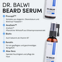 Flasche Dr. Balwi Bartserum neben den Hauptinhaltsstoffen Procapil, AnaGain, Biotin, Keratin und Aloe Vera und ihren Vorteilen für die Bartpflege