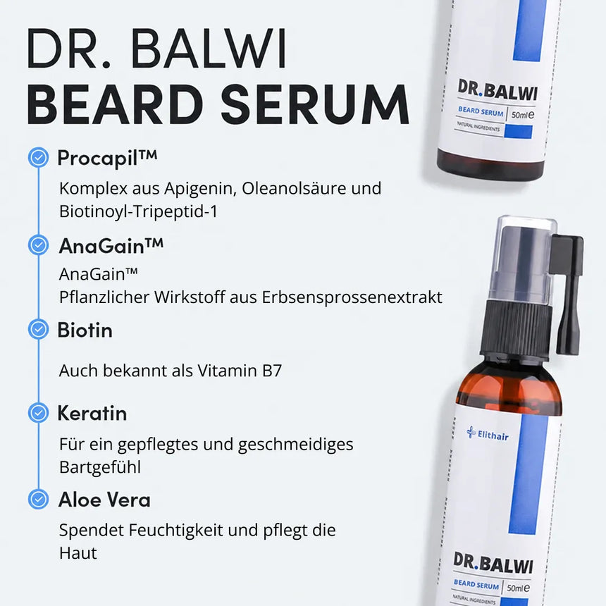 Flasche Dr. Balwi Bartserum neben den Hauptinhaltsstoffen Procapil, AnaGain, Biotin, Keratin und Aloe Vera und ihren Vorteilen für die Bartpflege