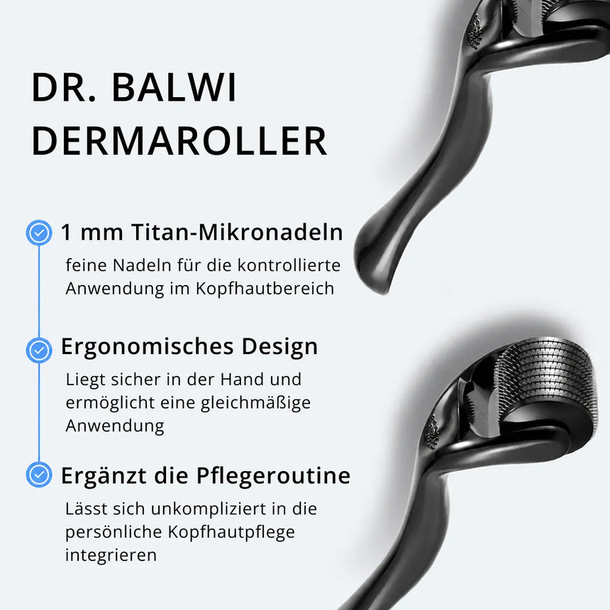 Abgebildet ist ein schwarzer Dr. Balwi Dermaroller aus dem Dr. Balwi Shop. Der Text hebt die 1-mm-Mikronadeln aus Titan, das ergonomische Design für eine sichere Anwendung sowie die Eignung für Ihre Kopfhautpflege hervor. Dieses Gerät eignet sich ideal für Mikronadelbehandlungen, fördert gesundes Haarwachstum und belebt Ihre Kopfhaut.