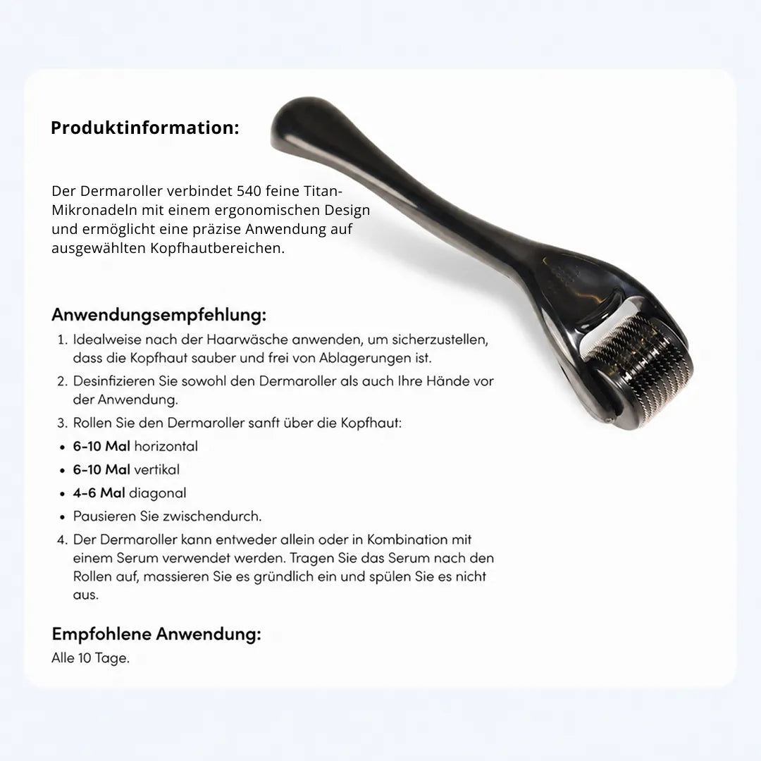 Ein schwarzer Dr. Balwi Dermaroller mit feinen Nadeln aus dem Dr. Balwi Shop liegt auf einer weißen Unterlage. Ein deutscher Text enthält Produktinformationen, Anwendungsempfehlungen sowie Anweisungen zur Anwendung des Dermarollers auf der Kopfhaut, um das Haarwachstum durch Mikronadelung zu fördern.
