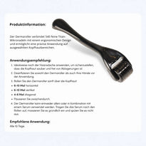 Ein schwarzer Dr. Balwi Dermaroller mit feinen Nadeln aus dem Dr. Balwi Shop liegt auf einer weißen Unterlage. Ein deutscher Text enthält Produktinformationen, Anwendungsempfehlungen sowie Anweisungen zur Anwendung des Dermarollers auf der Kopfhaut, um das Haarwachstum durch Mikronadelung zu fördern.