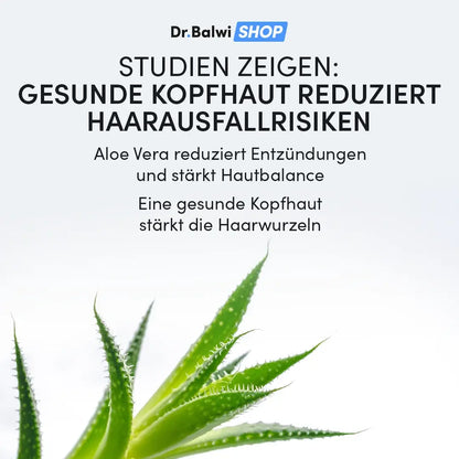 Textgrafik mit einer Nahaufnahme einer Aloe-Vera-Pflanze am unteren Rand. Deutscher Text: Dr. Balwi 98% Aloe Vera von Dr. Balwi Shop spendet Feuchtigkeit, beruhigt trockene Kopfhaut und hilft, Entzündungen zu reduzieren für gepflegte, gesunde Haare.