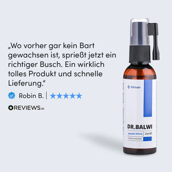 Eine Flasche Dr. Balwi Beard Serum aus dem Dr. Balwi Shop erscheint neben einer deutschen Rezension, in der die Wirksamkeit für Bartpflege und Bartwuchs gelobt wird, mit einer Fünf-Sterne-Bewertung unter dem Namen des Rezensenten.