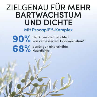Werbegrafik mit Olivenzweig und Text: Dr. Balwi Beard Serum - 90% berichten von verbessertem Bartwachstum, 68% bestätigen dichteren Bart. Mit Procapil-Komplex. Exklusiv bei Dr. Balwi Shop.