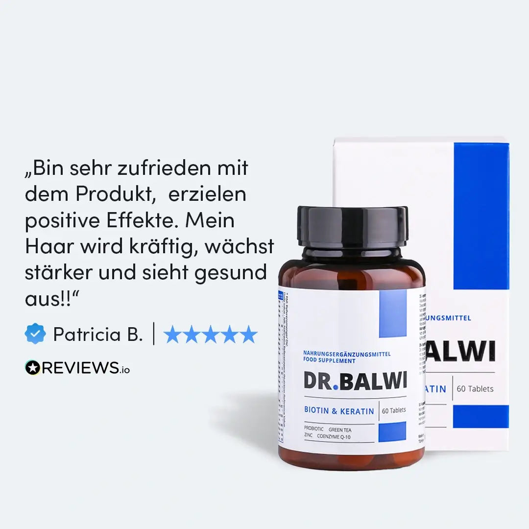 Eine Flasche Biotin & Keratin Tabletten von Dr. Balwi Shop steht vor ihrer Verpackung, begleitet von einer deutschen Kundenrezension mit einer Fünf-Sterne-Bewertung und dem Reviews.io-Logo.