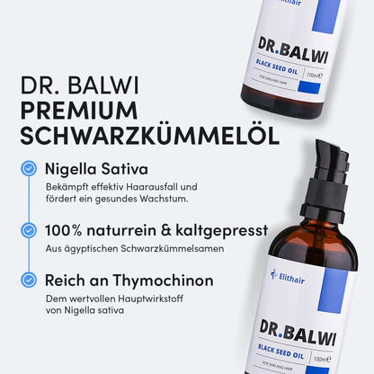 Abgebildet ist eine Flasche Dr. Balwi Shop's Premium Schwarzkümmelöl mit natürlichem, kaltgepresstem Nigella Sativa Öl zur Haarpflege. Es hilft gegen Haarausfall und unterstützt das Wachstum und wird in einer eleganten schwarzen Pumpflasche mit weißem Etikett geliefert.