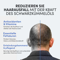 Ein Mann mit lichtem Haar von hinten, daneben Text zu Premium Schwarzkümmelöl von Dr. Balwi Shop: Schützt die Kopfhaut, beugt Haarausfall vor und verleiht mehr Volumen dank pflegender Fettsäuren und Antioxidantien.