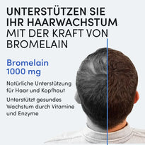 Ein Mann mit kurzem braunem Haar ist von hinten zu sehen. Text wirbt für Dr. Balwi Shop Bromelain-Kapseln mit Ananas-Extrakt zur natürlichen Unterstützung bei Haarausfall und zur Förderung des Haarwachstums dank Vitaminen und Enzymen.