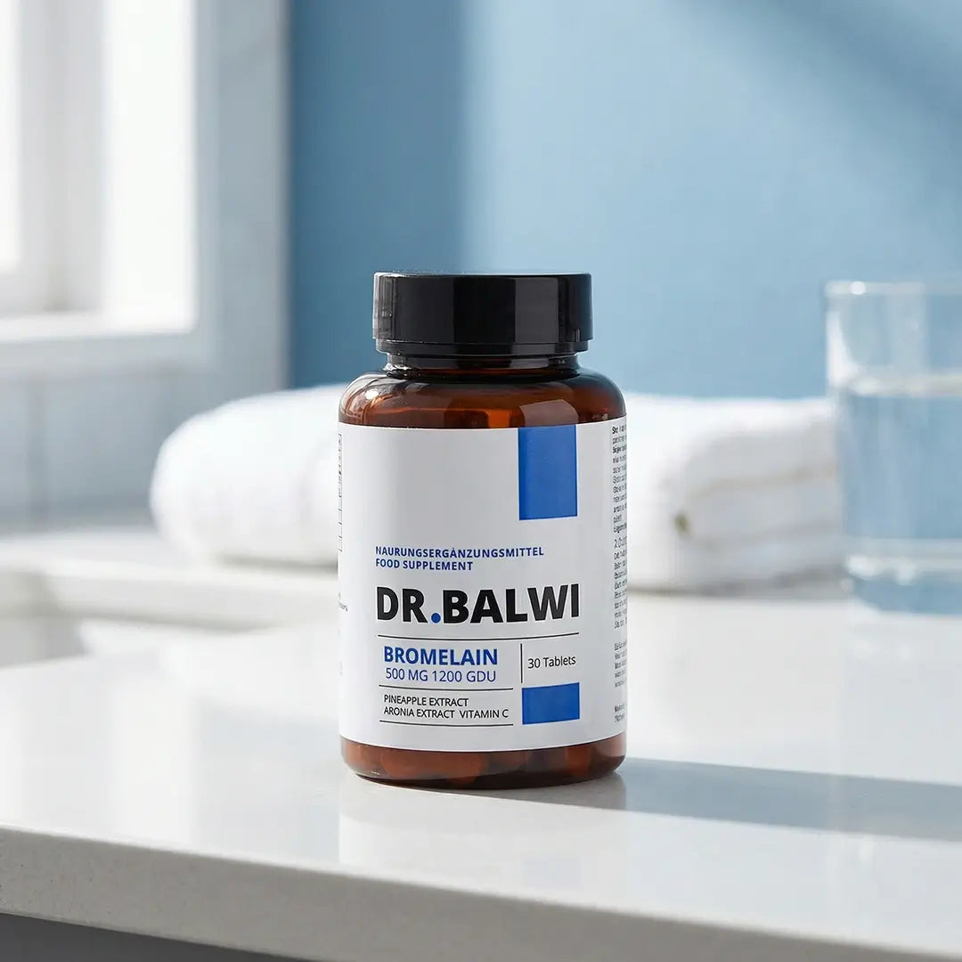 Eine braune Flasche mit der Aufschrift "Bromelain" aus dem Dr. Balwi Shop steht auf einer weißen Fläche in einem hellen, minimalistischen Raum. Sie enthält 30 Kapseln mit Ananas-Extrakt, ein Nahrungsergänzungsmittel, das bei Haarverlust helfen kann.