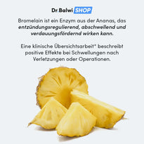 Frische Ananasstücke liegen auf einer weißen Fläche. Über ihnen erklärt ein deutscher Text, wie Bromelain aus dem Dr. Balwi Shop helfen kann, Haarausfall zu verhindern und die Gesundheit zu unterstützen.