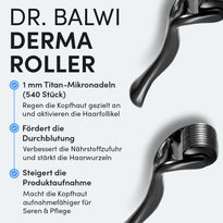 Nahaufnahme des Dr. Balwi Dermarollers (Dr. Balwi Shop) mit 1 mm Titan-Mikronadeln (540); stimuliert Kopfhaut und Haarfollikel, fördert das Haarwachstum, verbessert die Blutzirkulation und die Serumaufnahme.