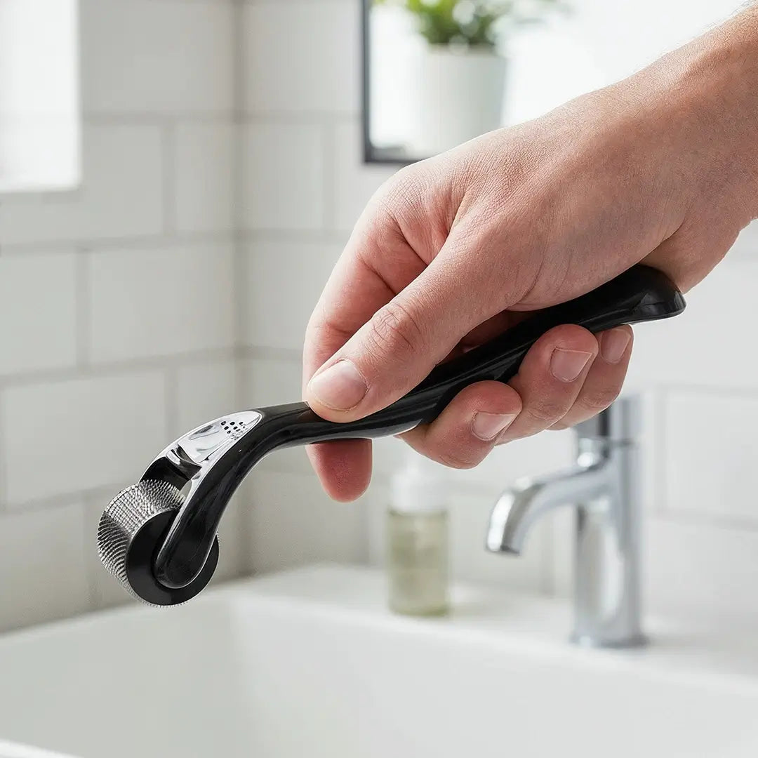 Eine Person hält einen schwarzen Dr. Balwi Dermaroller aus dem Dr. Balwi Shop über ein Waschbecken mit weiß gekachelten Wänden - ideal für Microneedling zur Unterstützung des Haarwachstums.