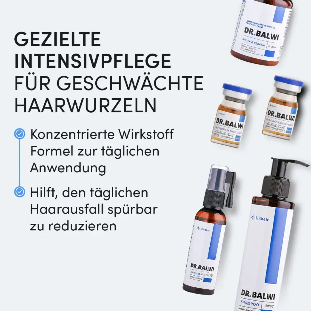 Die Flaschen und Verpackungen der Haarpflegeprodukte aus dem „Dr. Balwi Hair Boost Set“ von Dr. Balwi Shop sind vor einem hellen Hintergrund abgebildet. Die deutschen Texte heben die Vorteile für geschwächte Haarwurzeln hervor, fördern das Haarwachstum und reduzieren Haarausfall.