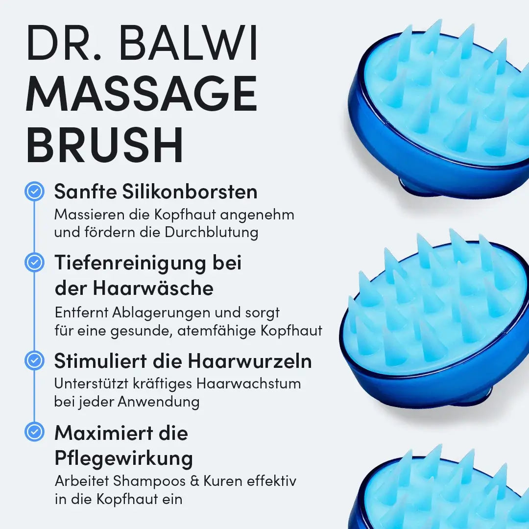 Die Dr. Balwi Massagebürste aus dem Dr. Balwi Shop ist in blau mit weichen Silikonborsten abgebildet. Der deutsche Text betont tiefe Reinigung, fördert Haarwachstum durch Kopfmassage und maximale Wirksamkeit der Haarpflege.