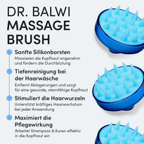 Die Dr. Balwi Massagebürste aus dem Dr. Balwi Shop ist in blau mit weichen Silikonborsten abgebildet. Der deutsche Text betont tiefe Reinigung, fördert Haarwachstum durch Kopfmassage und maximale Wirksamkeit der Haarpflege.